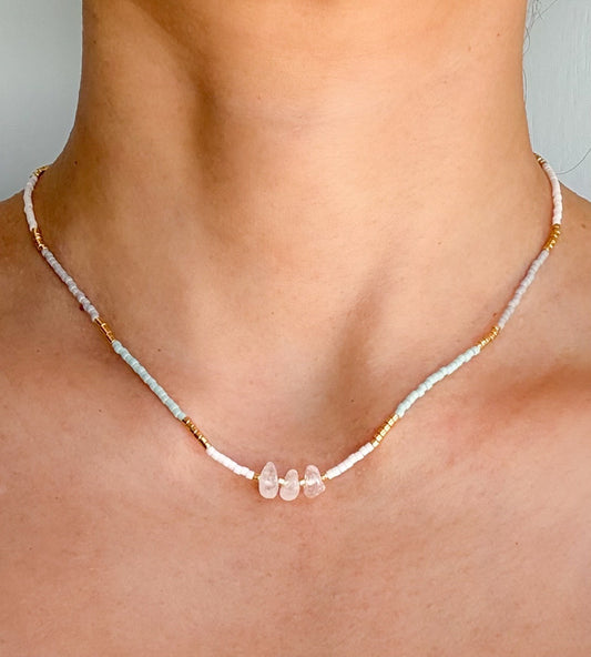 Handmade  Dainty Beaded Necklace with White Quartz