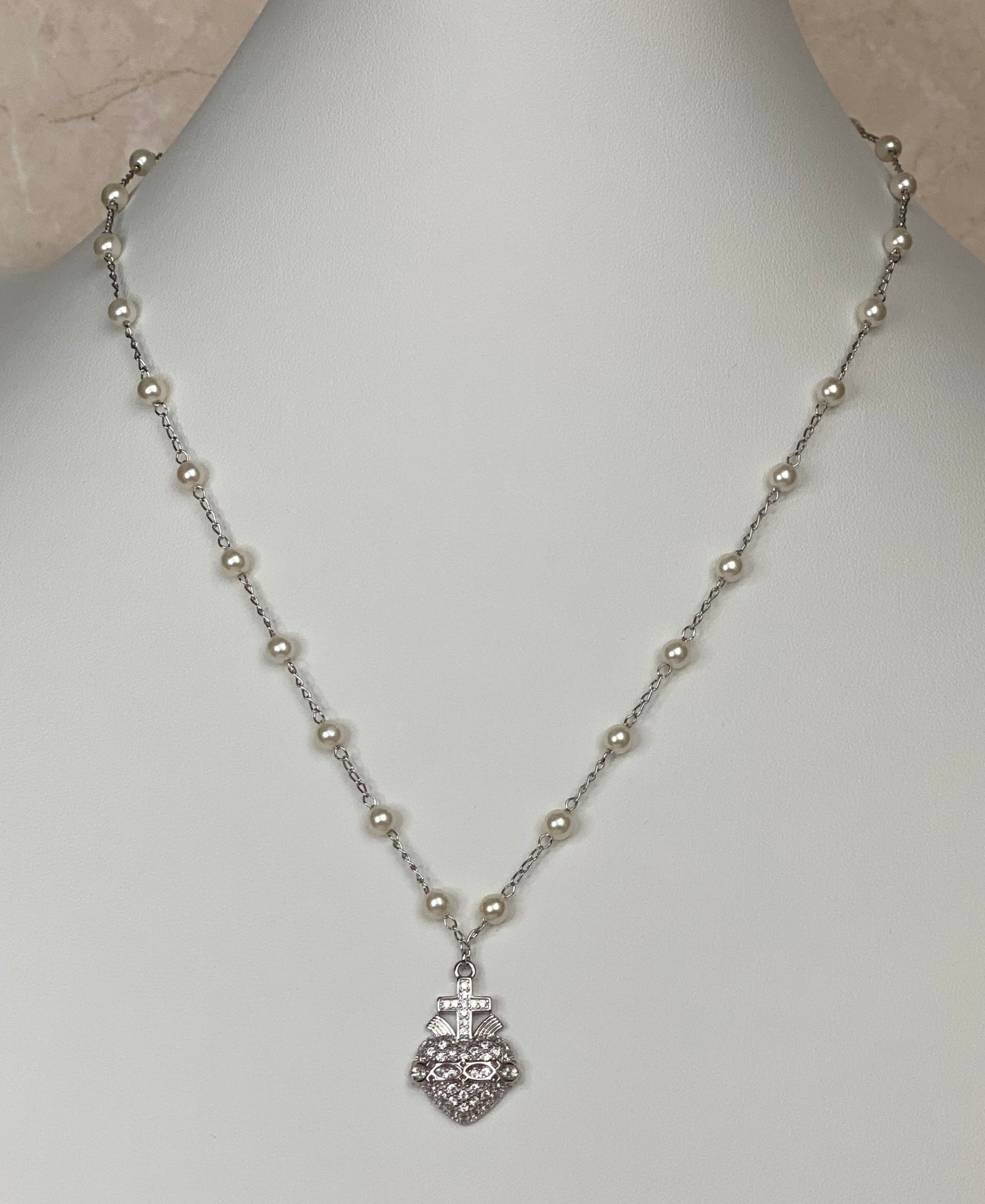 Rhodium Plated Pearl Necklace with Heart Pendant