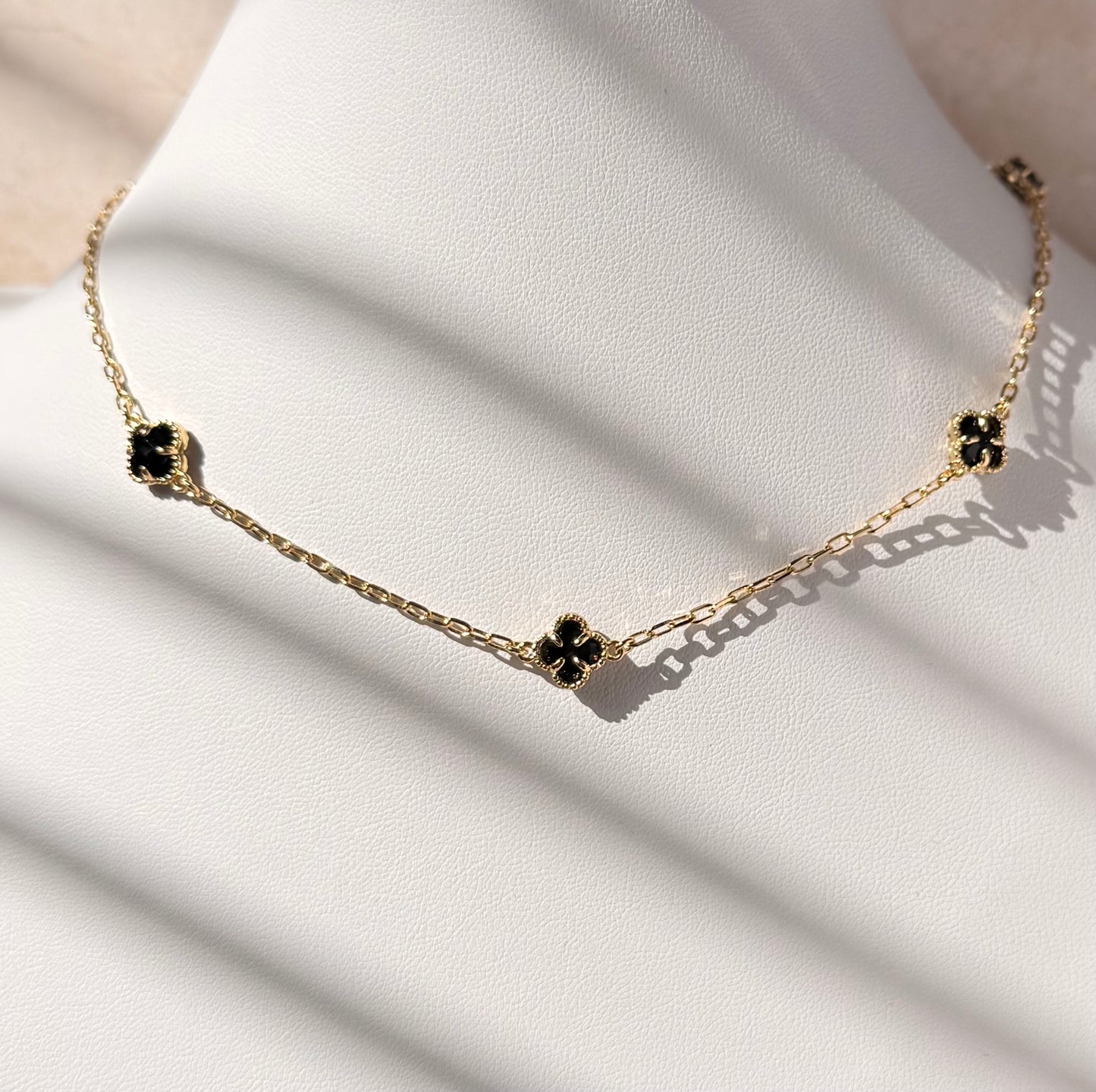18k Gold Plated Black Onyx Clover Choker