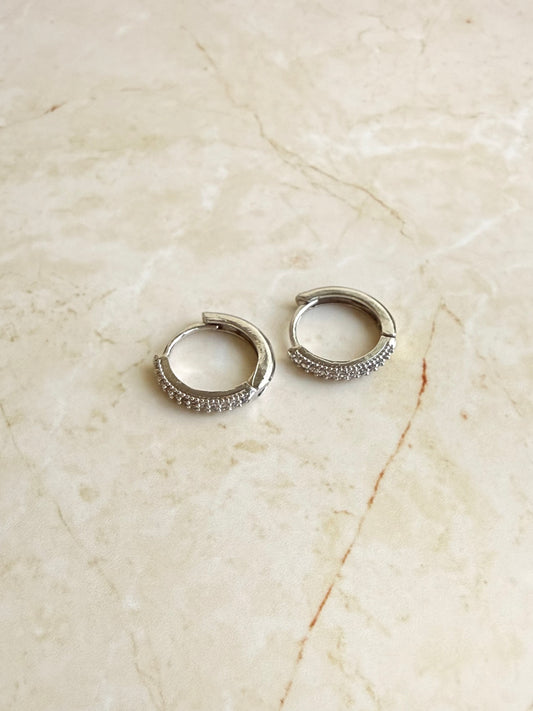 Rhodium Plated Pave Huggie Hoop Earrings
