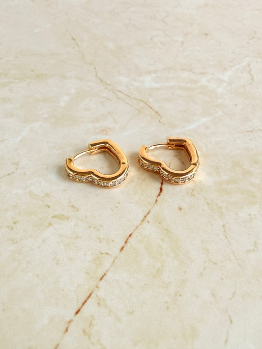 18k Gold Plated Heart Pave Huggie Hoop Earrings