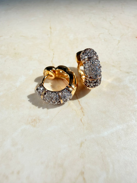 18K Gold / Rhodium Plated Two Tone Pave Huggie Earrings
