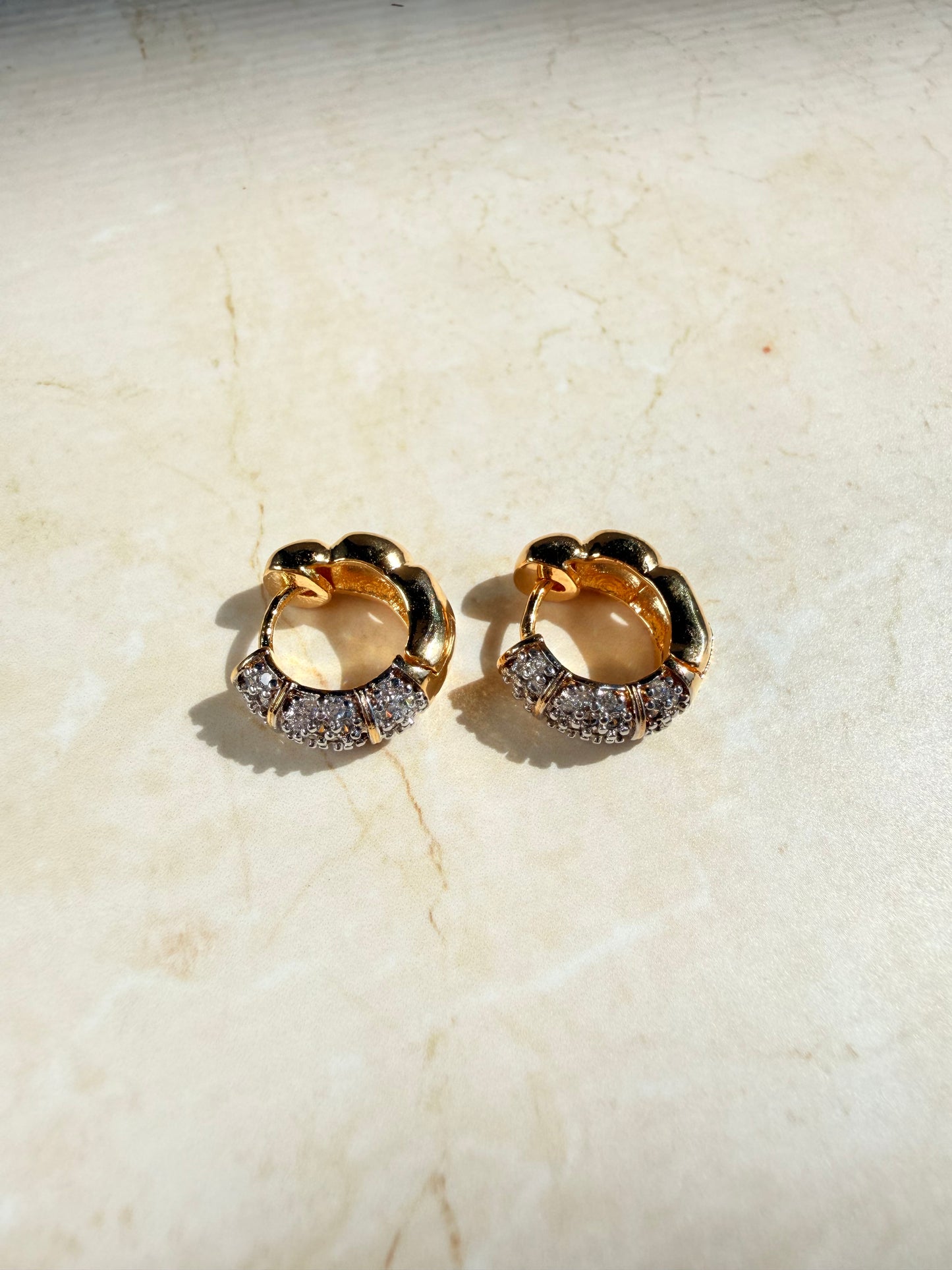 18K Gold / Rhodium Plated Two Tone Pave Huggie Earrings