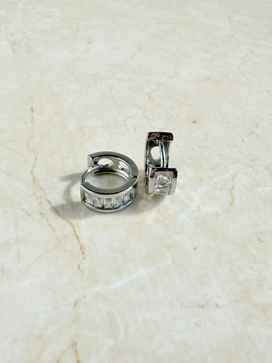 Rhodium Plated Baguette Huggie Hoop Earrings