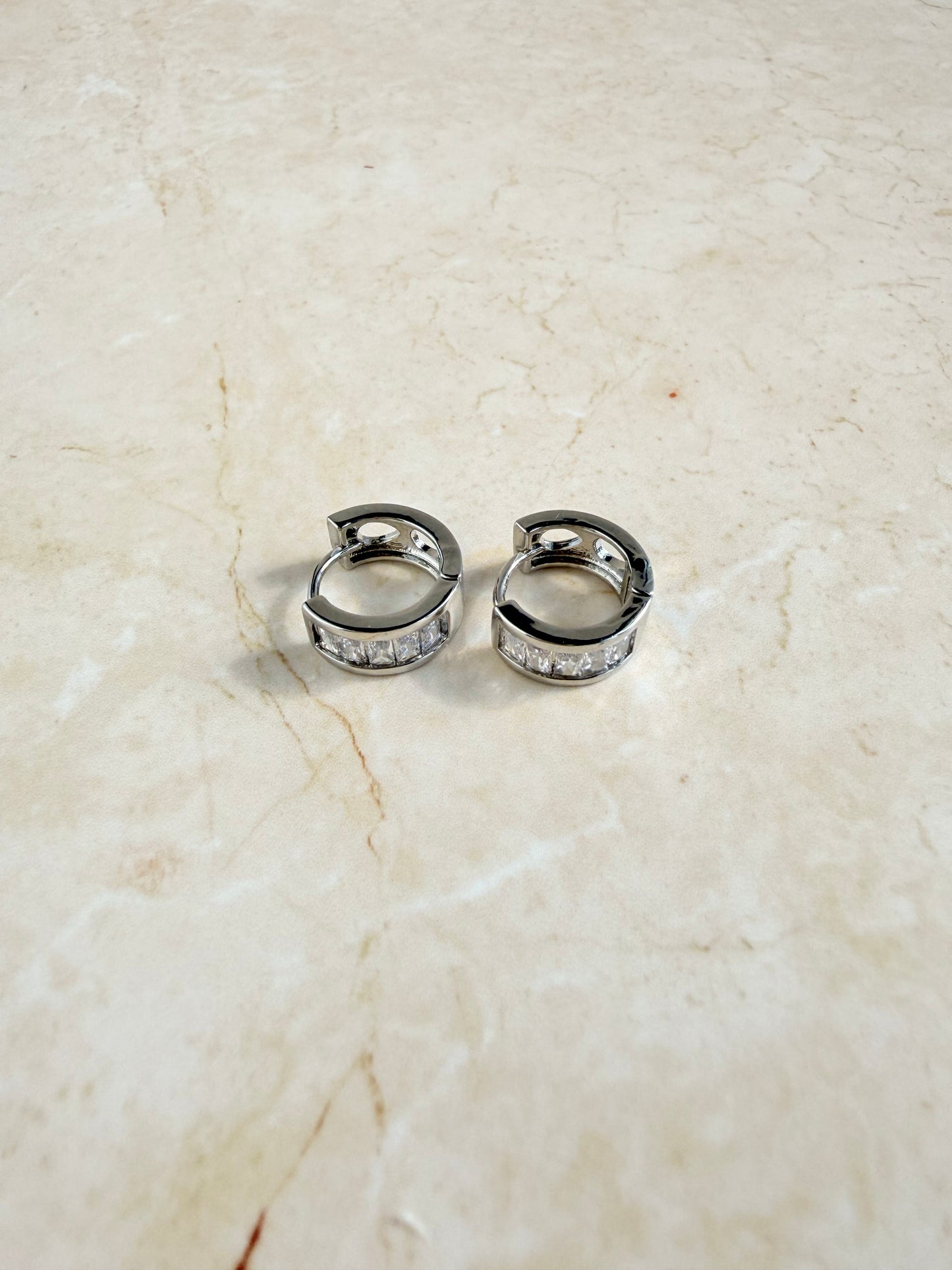 Rhodium Plated Baguette Huggie Hoop Earrings