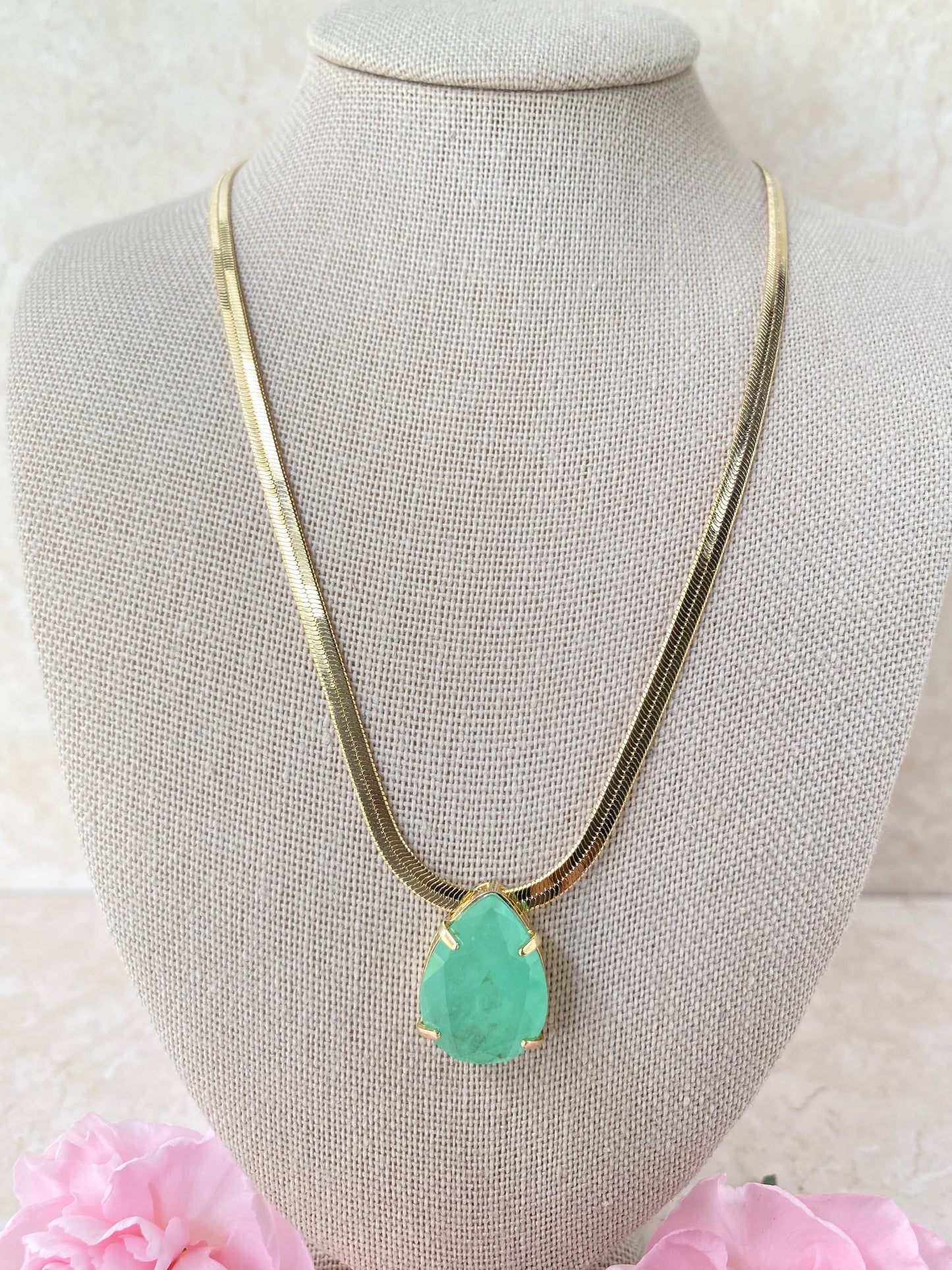 18k Gold Plated Herringbone Choker with Teardrop Pendant