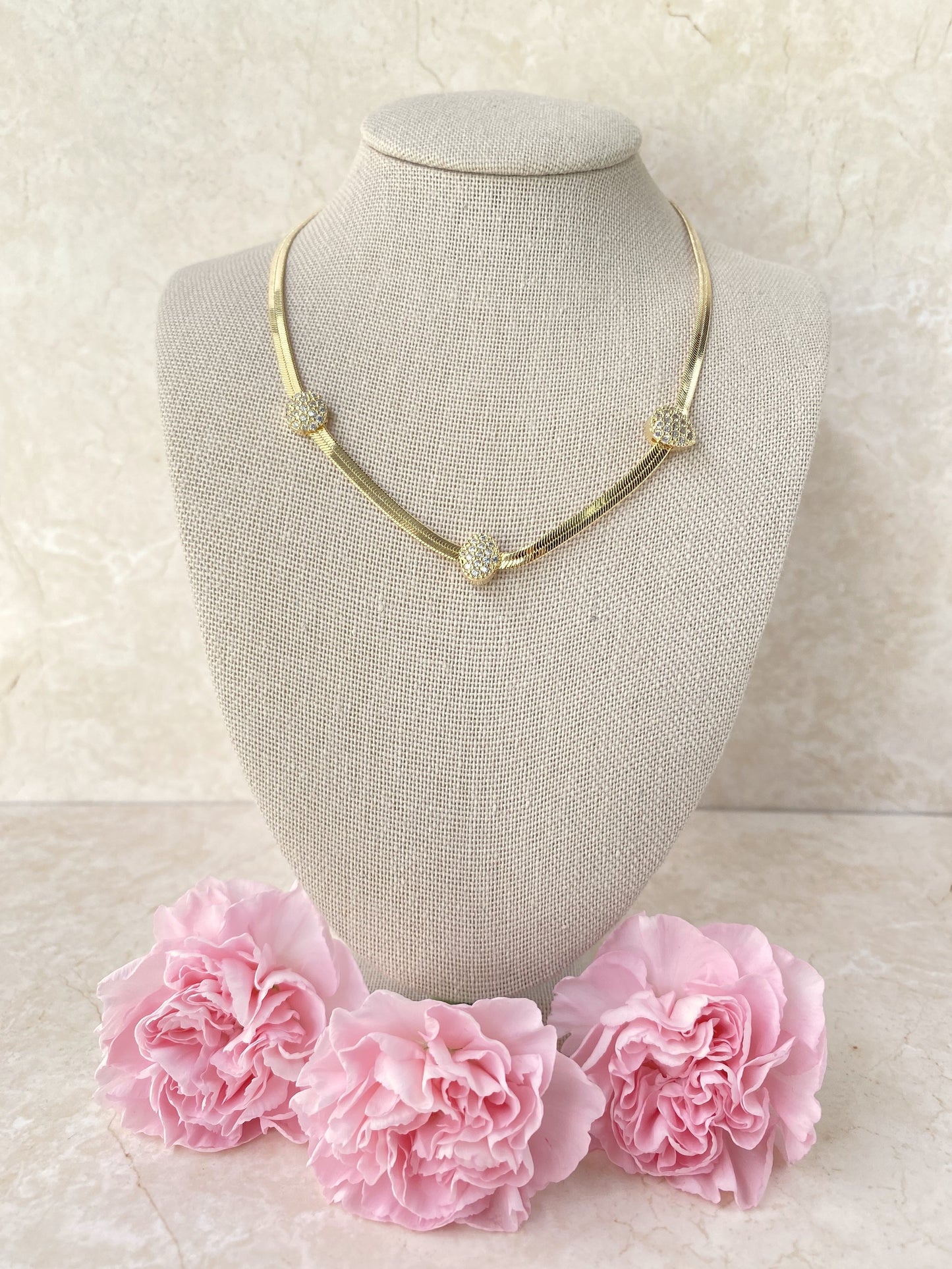 18K Gold Plated Herringbone Choker Necklace with Delicate Cubic Zirconia Accents