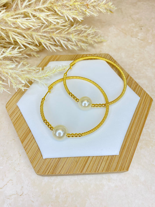 18K Gold Plated Wire Hoop Earring with Pearl and Beads