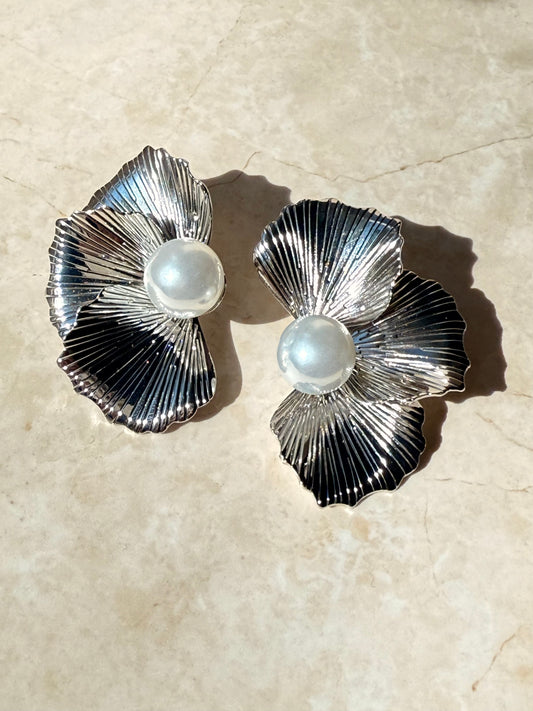 Rhodium Plated Elegant Floral Pearl Ear Cuff