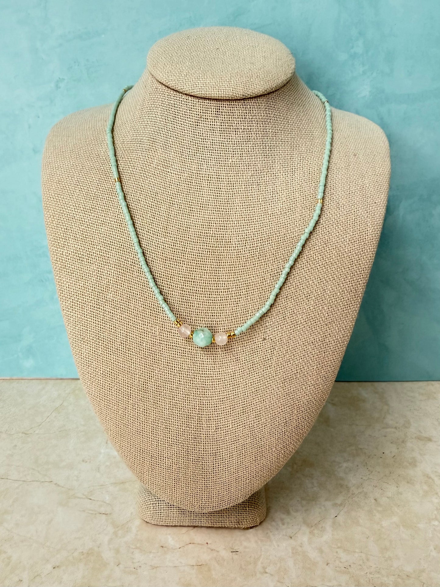 Handmade Mint Delicate Beaded Necklace with Quartz