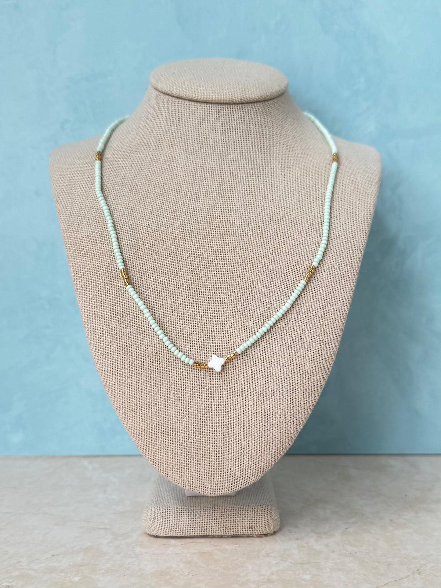 Handmade Mint Beaded Necklace with a Tiny Mother of Pearl Clover