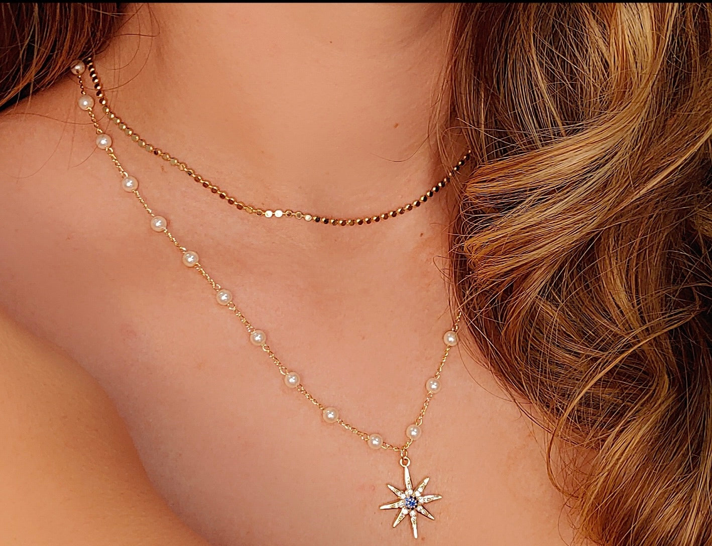 18k Dainty Pearl Necklace with Sparkling Star Charm