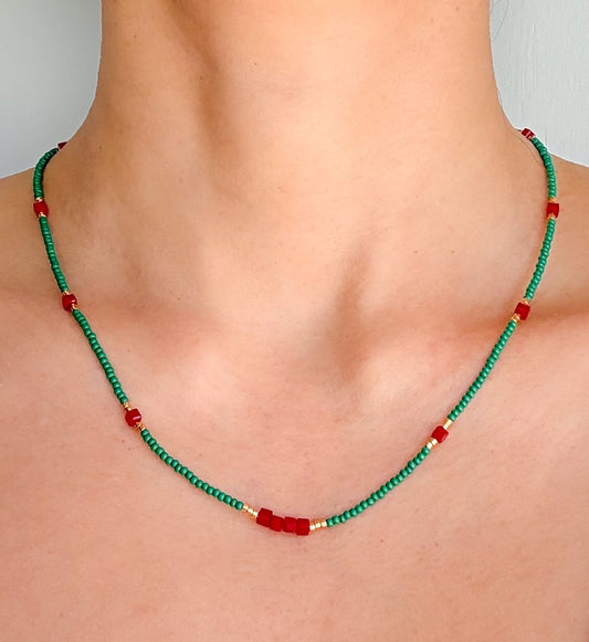 Handmade Green and Red Beaded Necklace
