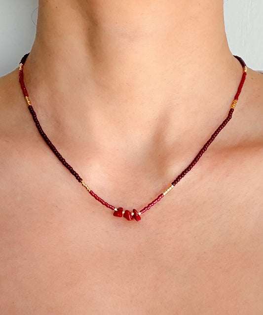Handmade Red Beaded Necklace with Bamboo Coral Detail