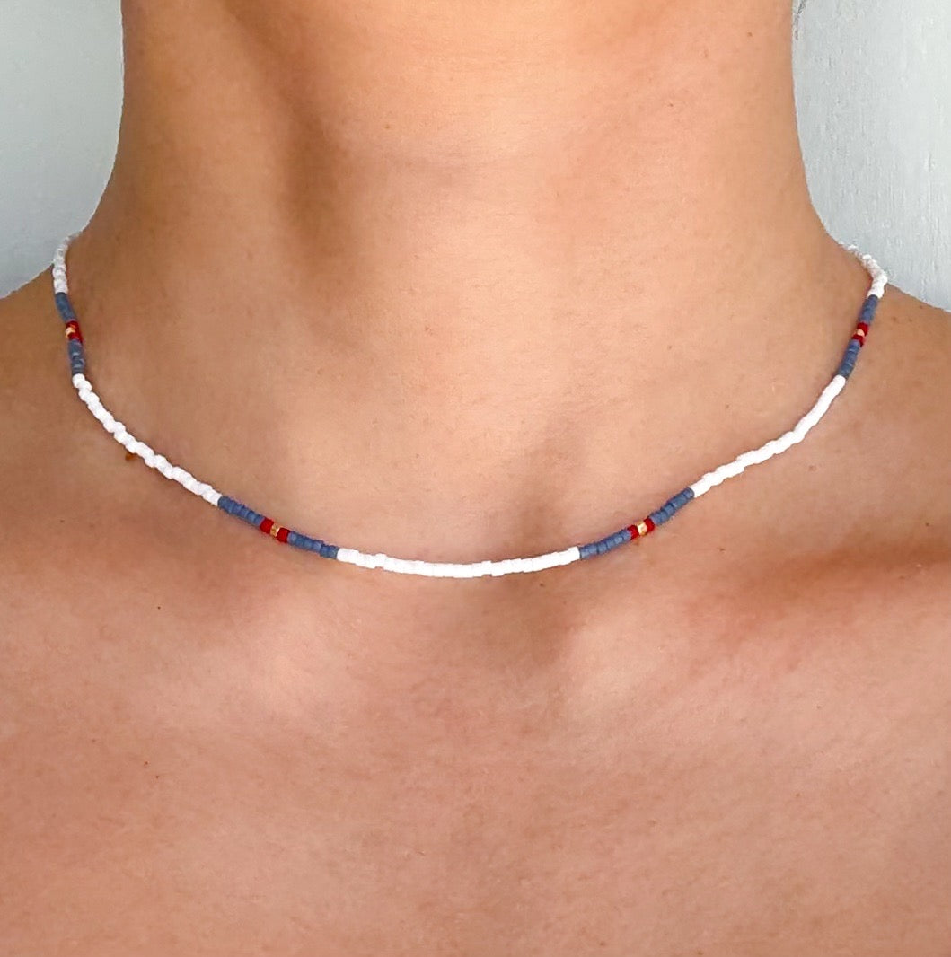 Handmade White and Blue Beaded Necklace