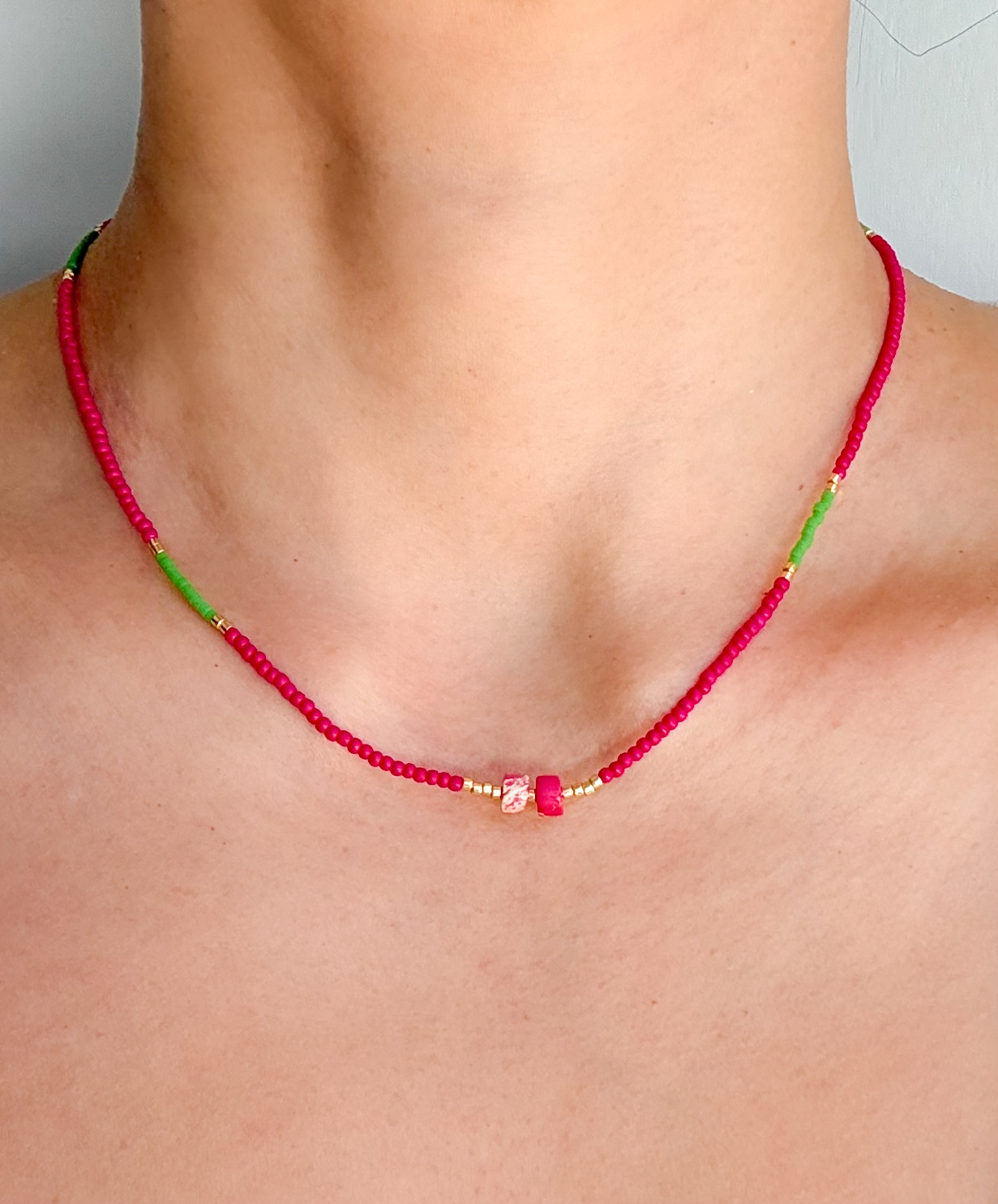 Handmade Pink and Green Beaded Necklace with Jasper Details