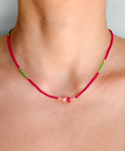 Handmade Pink and Green Beaded Necklace with Jasper Details