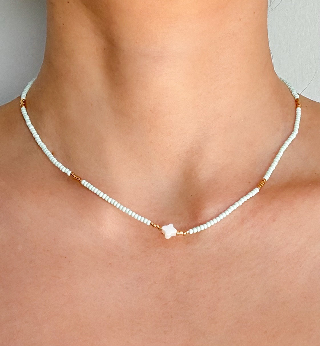 Handmade Mint Beaded Necklace with a Tiny Mother of Pearl Clover