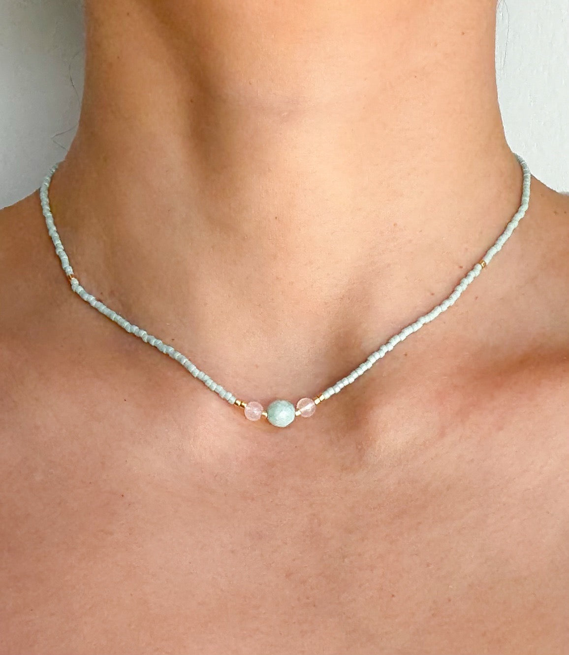 Handmade Mint Delicate Beaded Necklace with Quartz