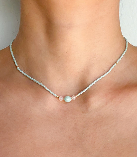 Handmade Mint Delicate Beaded Necklace with Quartz