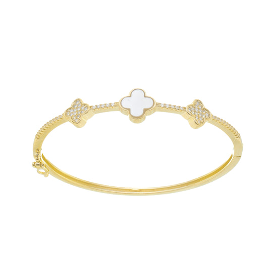 18k Gold Plated Clover Bangle Bracelet with Pave-Set Stones