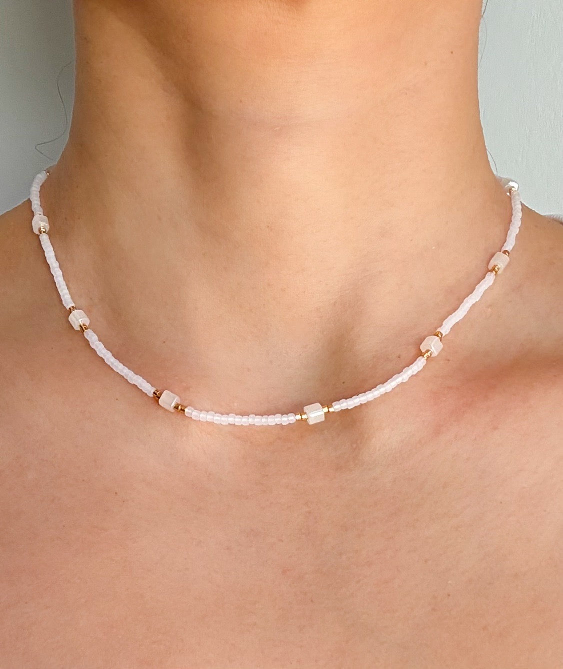 Handmade White Matte Dainty Beaded Necklace
